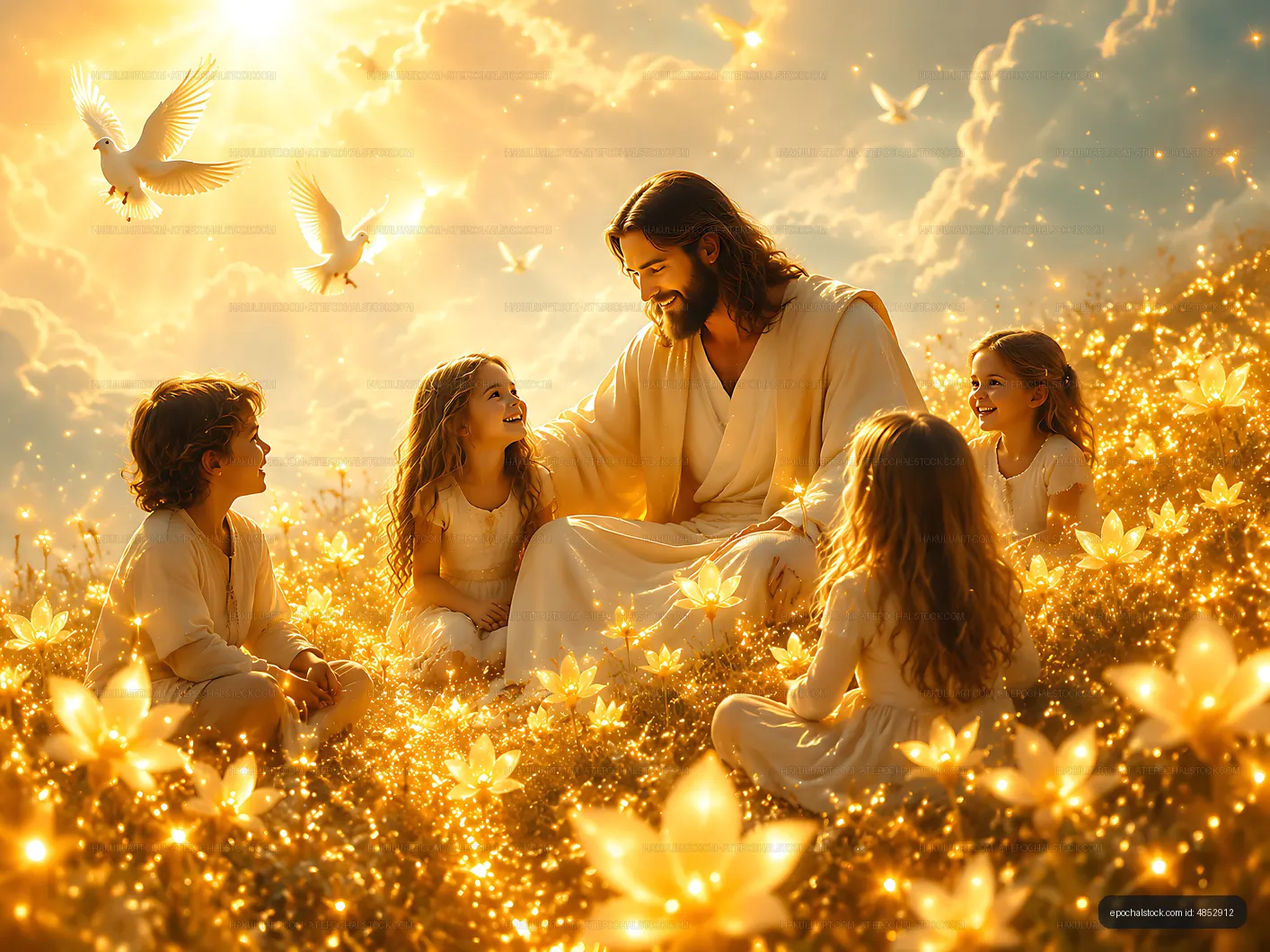 Gentle gathering of children with a figure in nature