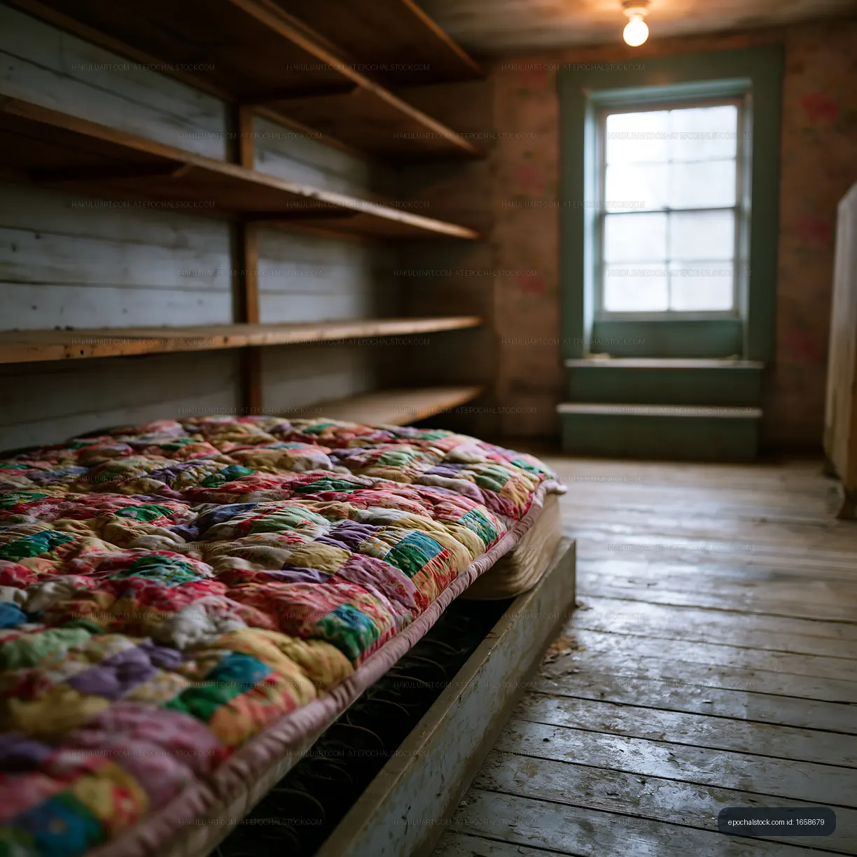 Old room with colorful quilted mattress and wooden shelves