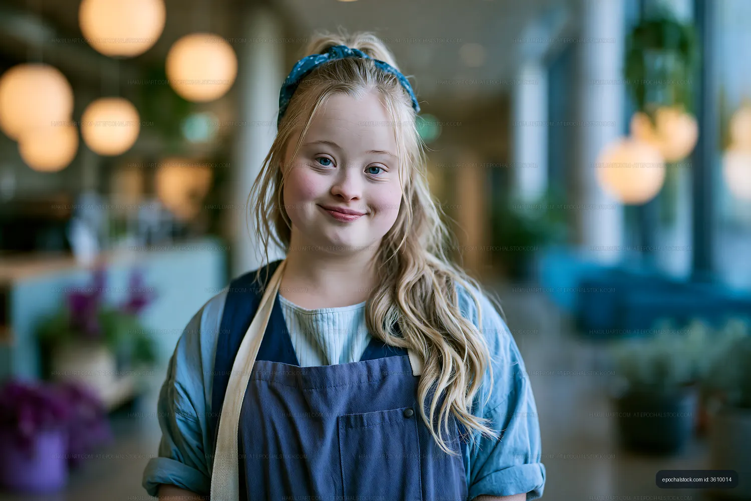Young girl in apron smiles in a modern cafe setting