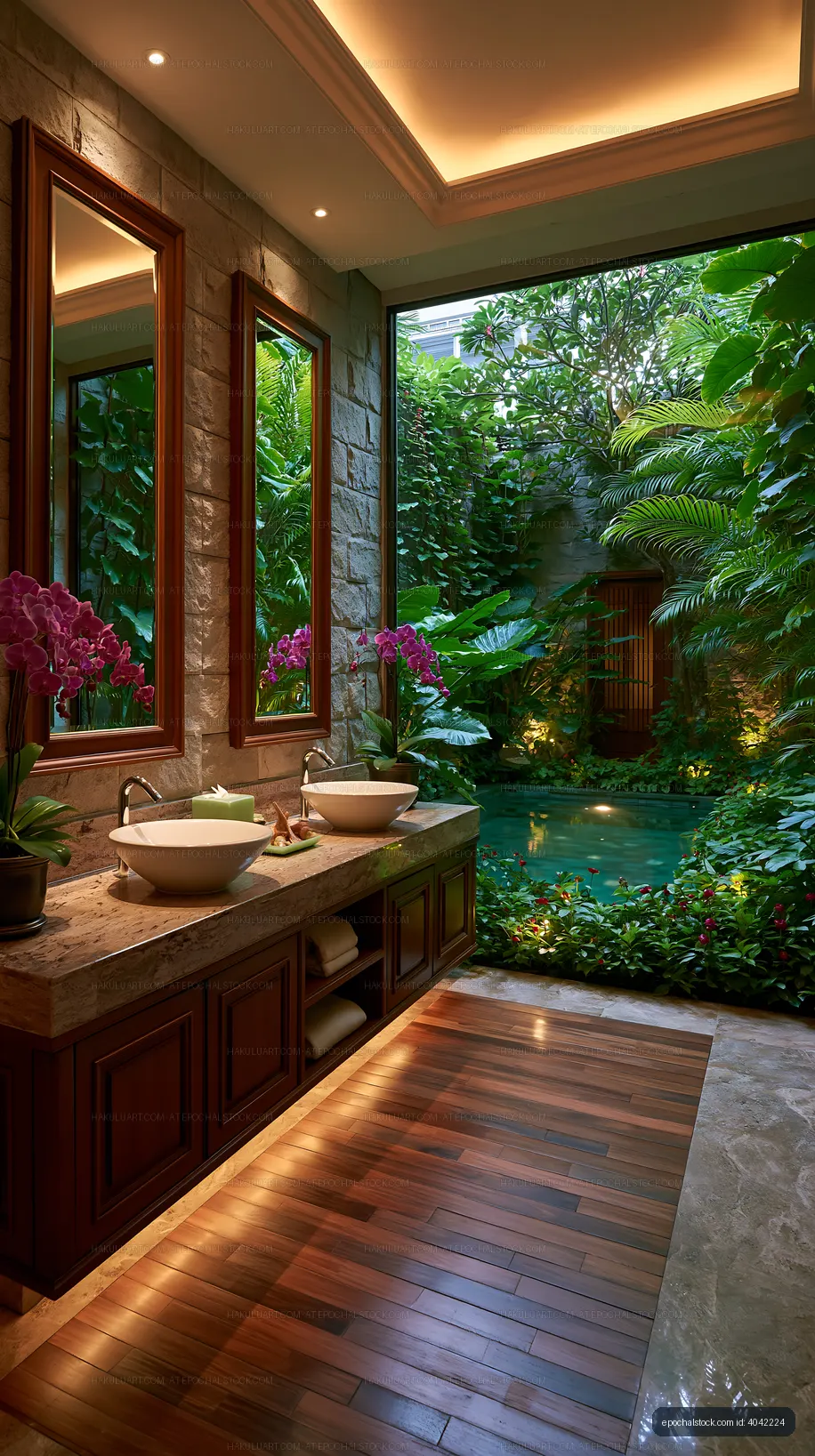 Spa-style bathroom with natural light and greenery