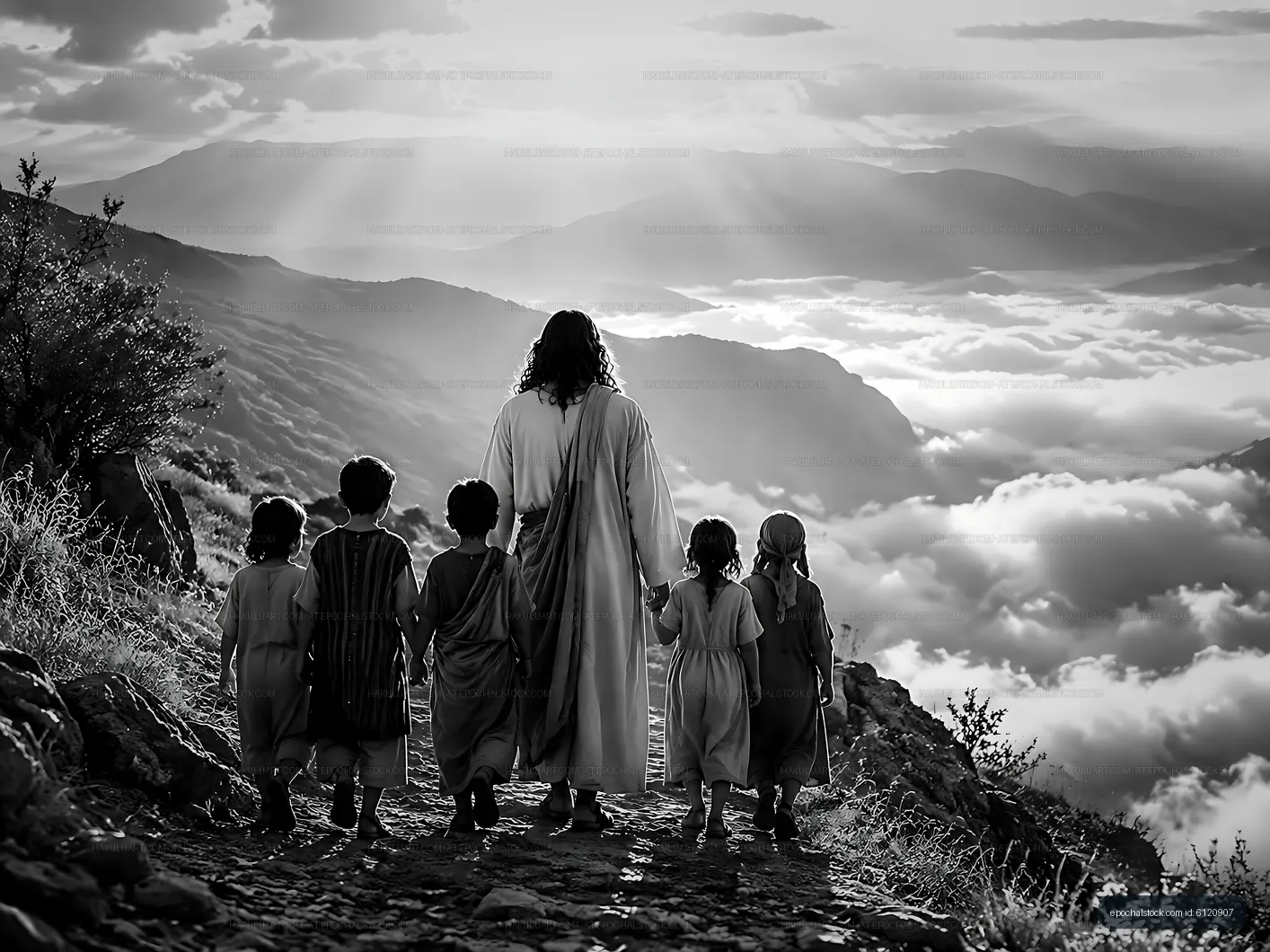 Children walk with a figure in a mountainous landscape at sunset