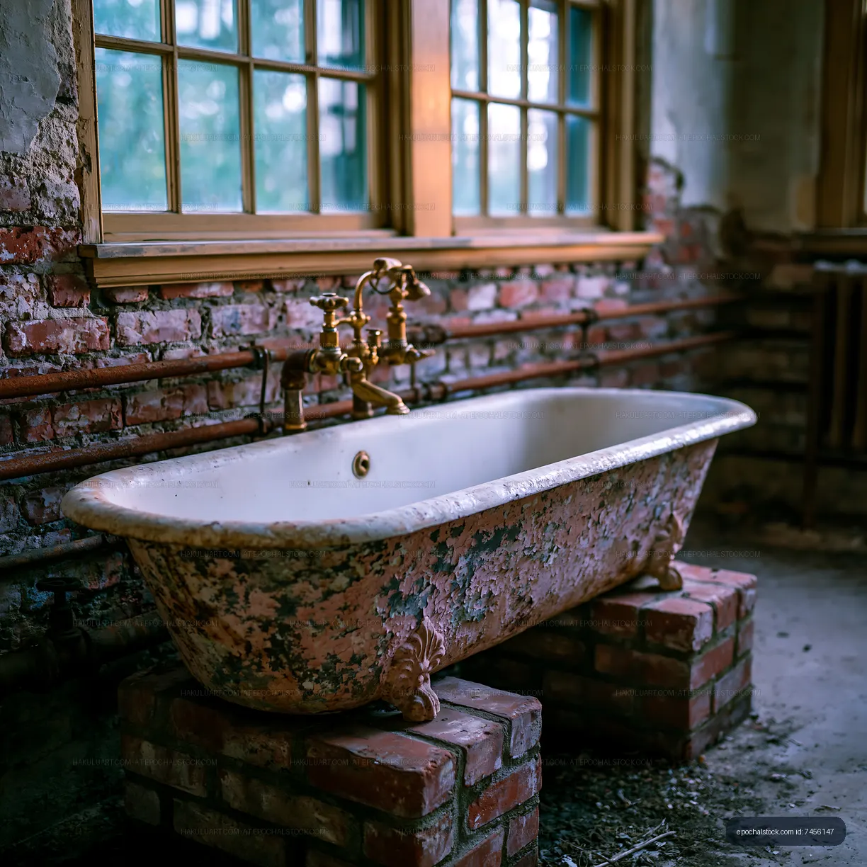 Old bathtub in a rustic room with peeling walls and sunlight