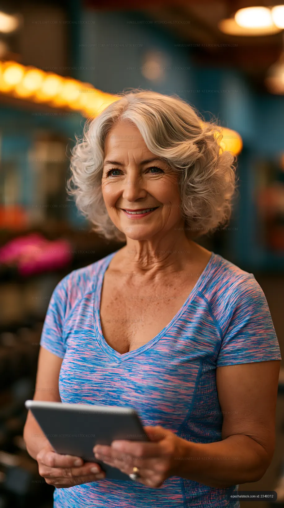 Senior woman using a tablet in a fitness center