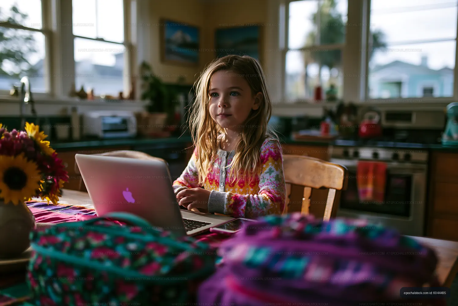 Child using laptop in a kitchen with colorful decor
