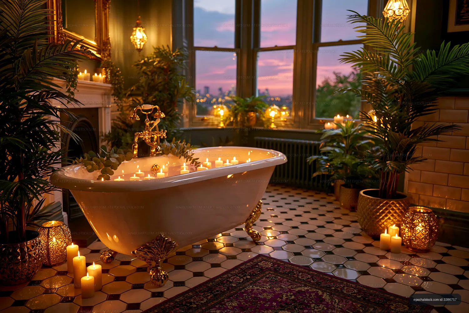 Elegant bathroom with candles and plants at sunset