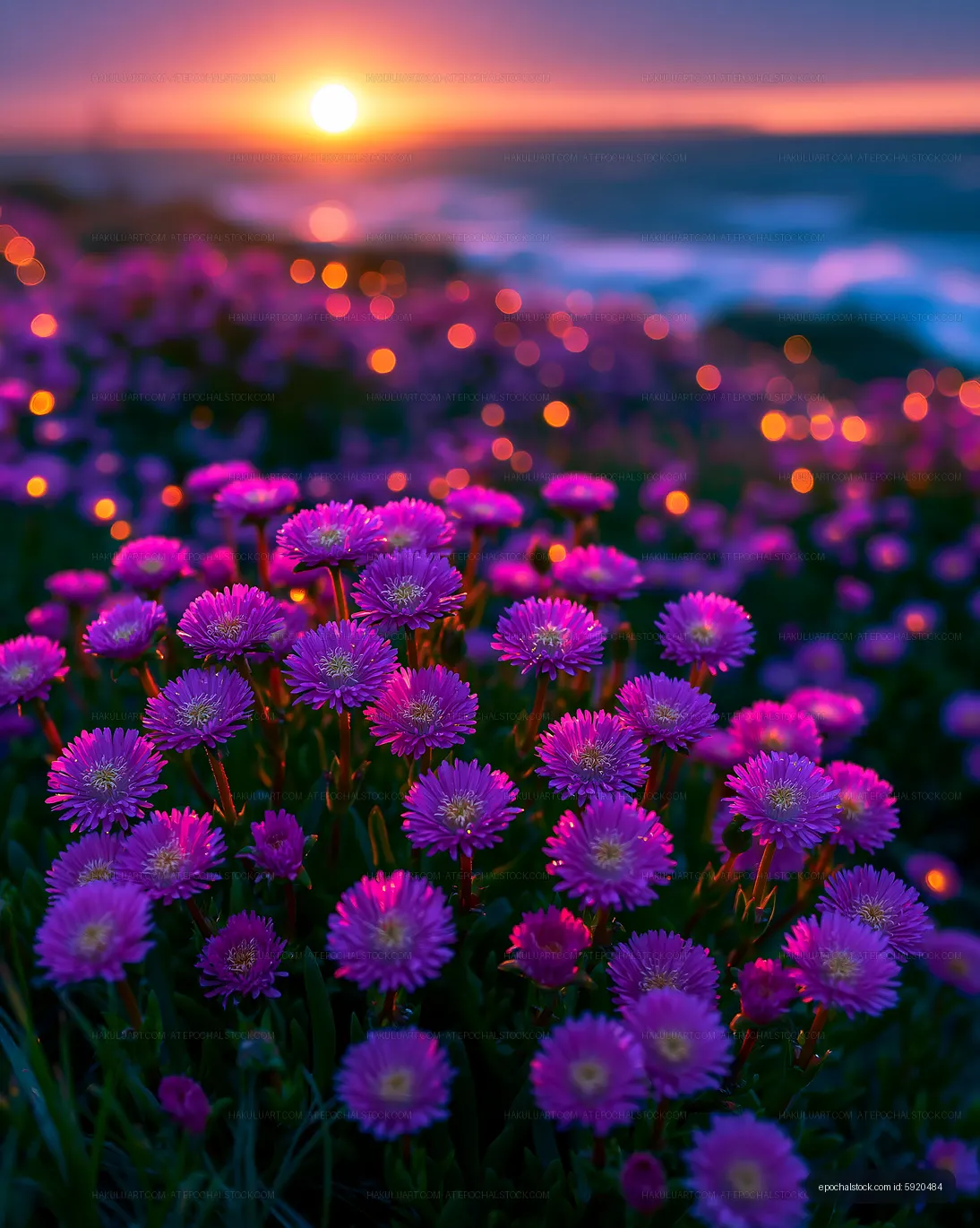 Vibrant pink flowers overlooking the ocean at sunset