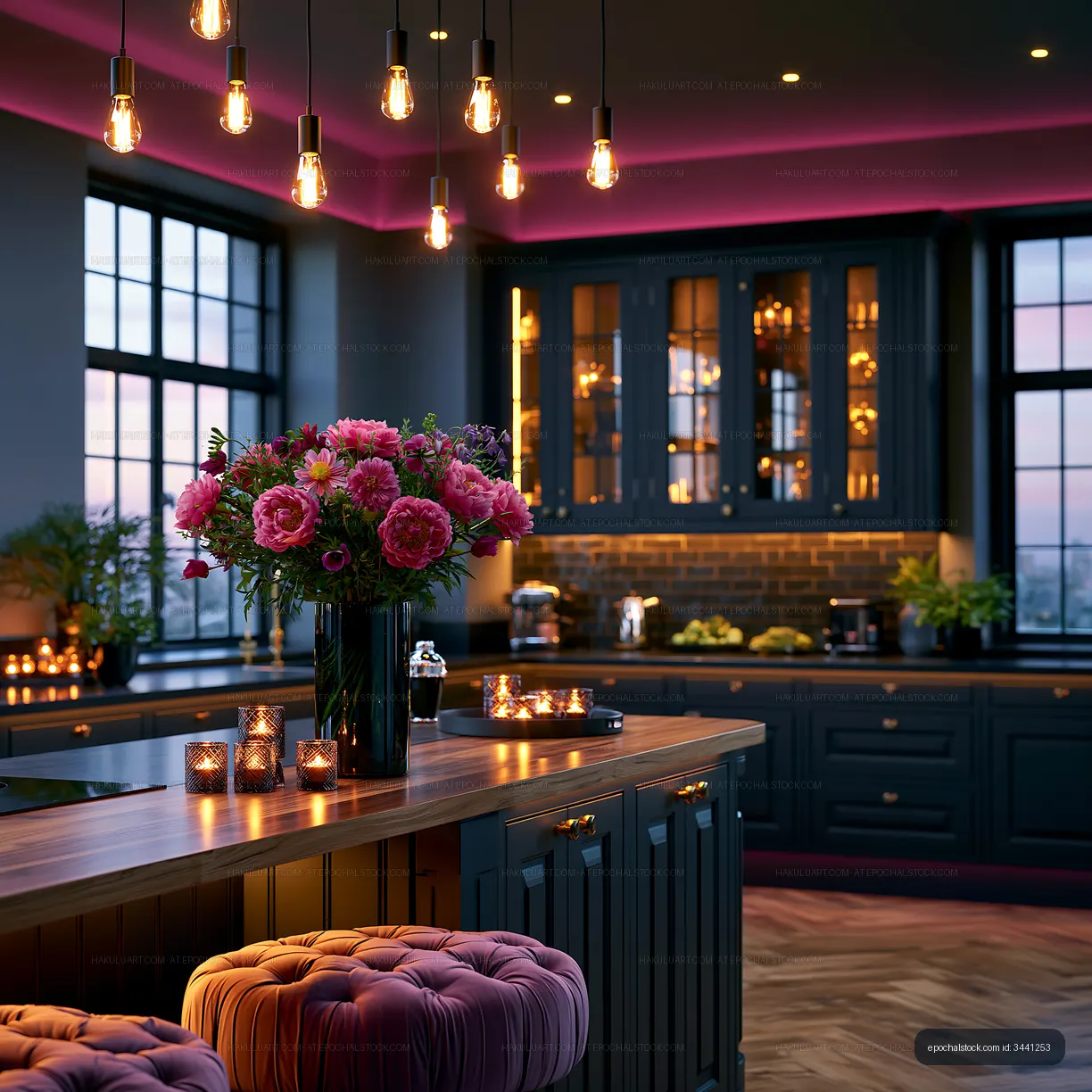 Modern kitchen with flowers and warm lighting at dusk
