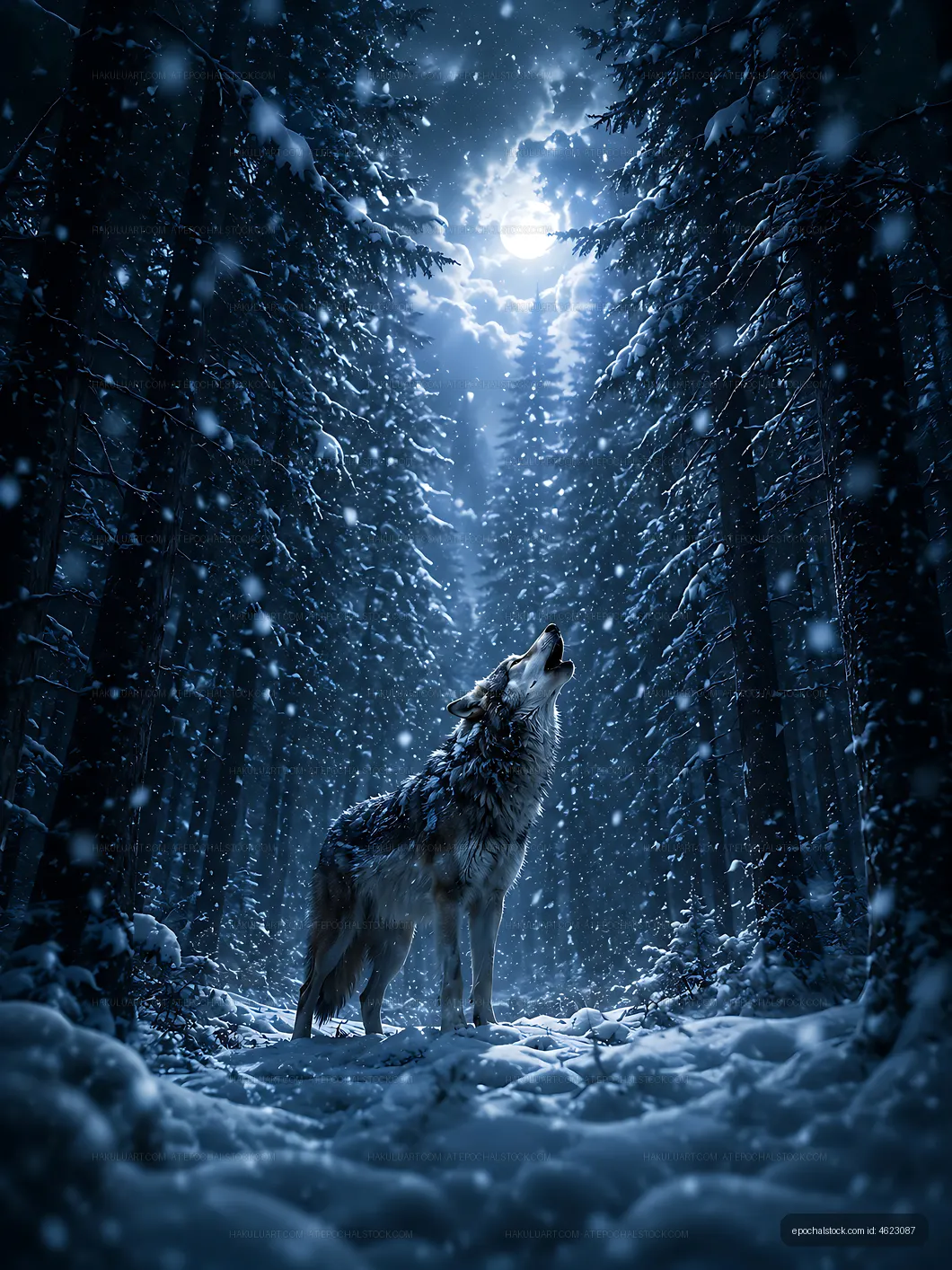 Wolf howls at the moon in a snowy forest at night