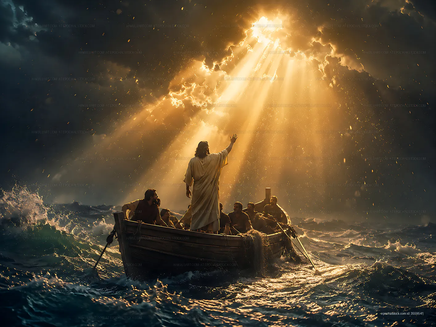 Jesus calming the storm with sailors in a boat on choppy seas