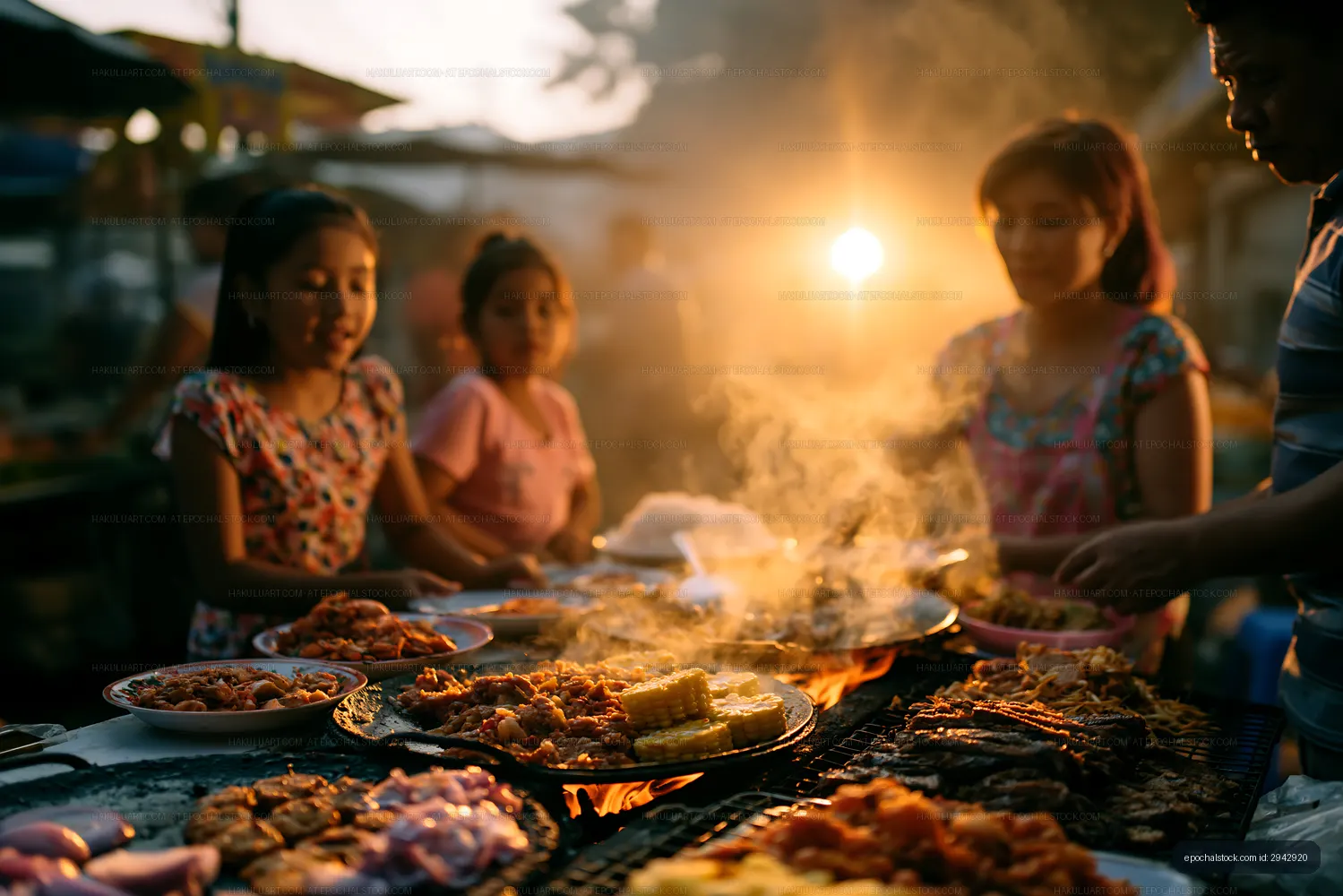 Evening market scene with people cooking and selling food