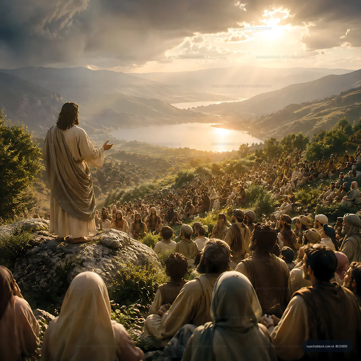 Crowd listening to a speaker on a hillside during sunset