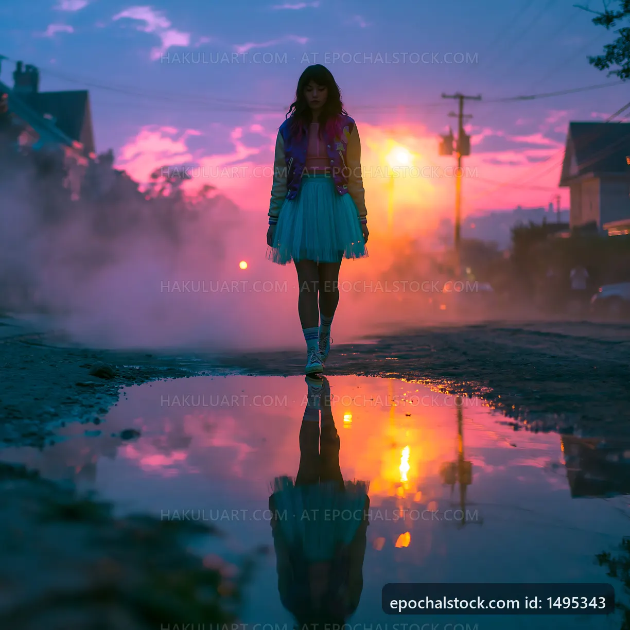 Young woman walking on street with water reflection at dusk