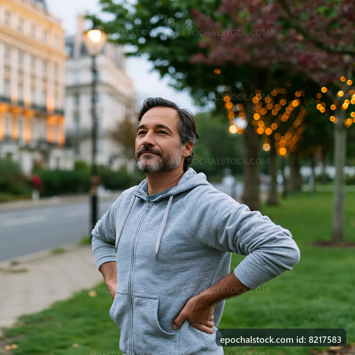 Man standing in park with hands on hips during evening