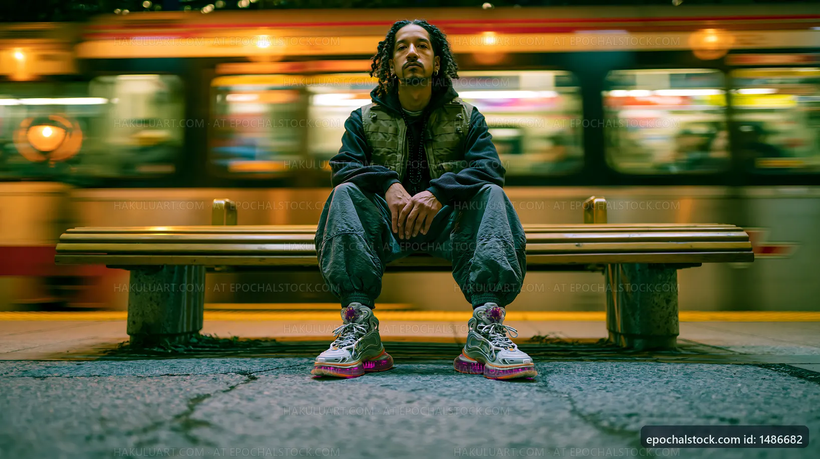 Man sitting on bench in city at night with train in background