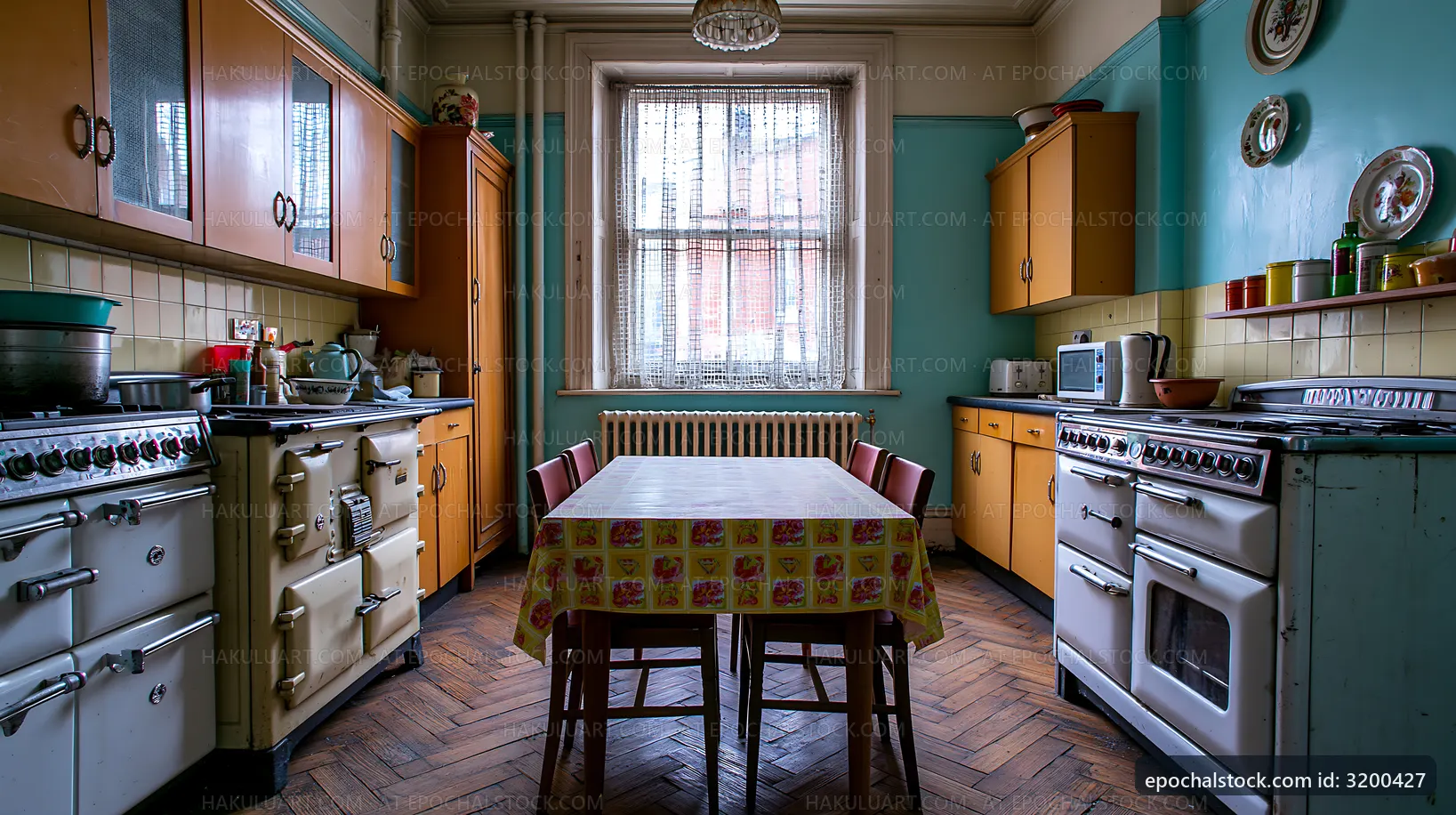 Vintage kitchen with wooden cabinets and table in a cozy setting