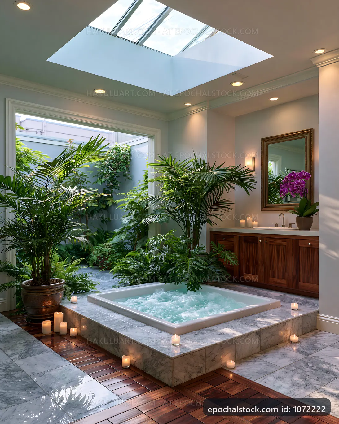 Indoor spa with hot tub and plants in bright room