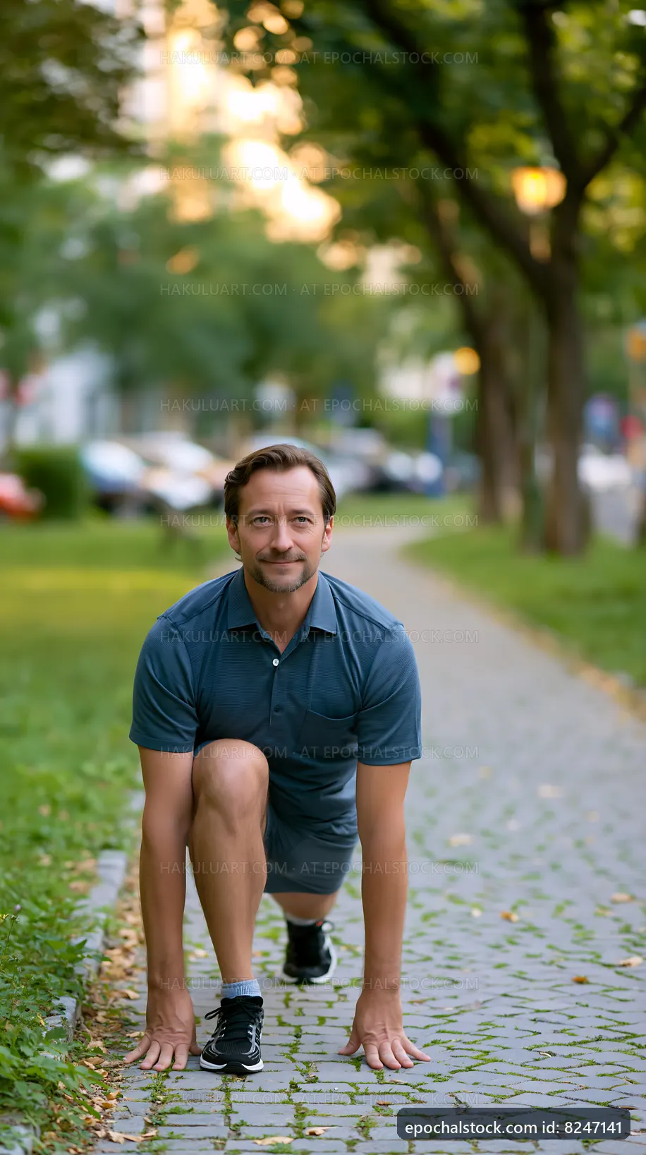 Man ready to start running in a green city park