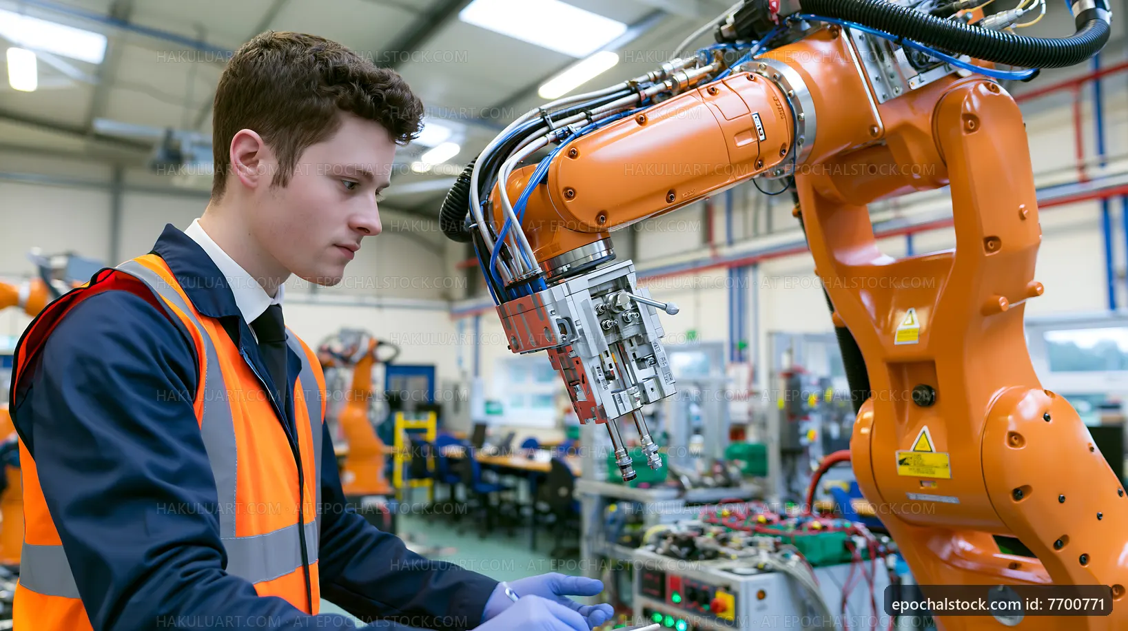Young engineer working with robotic arm in a factory setting