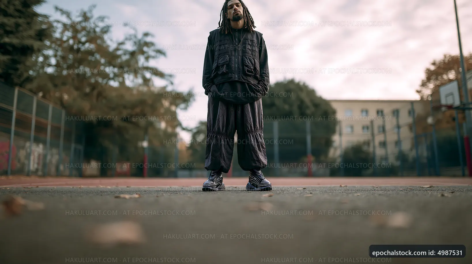 Young man standing on a playground looking up at the sky