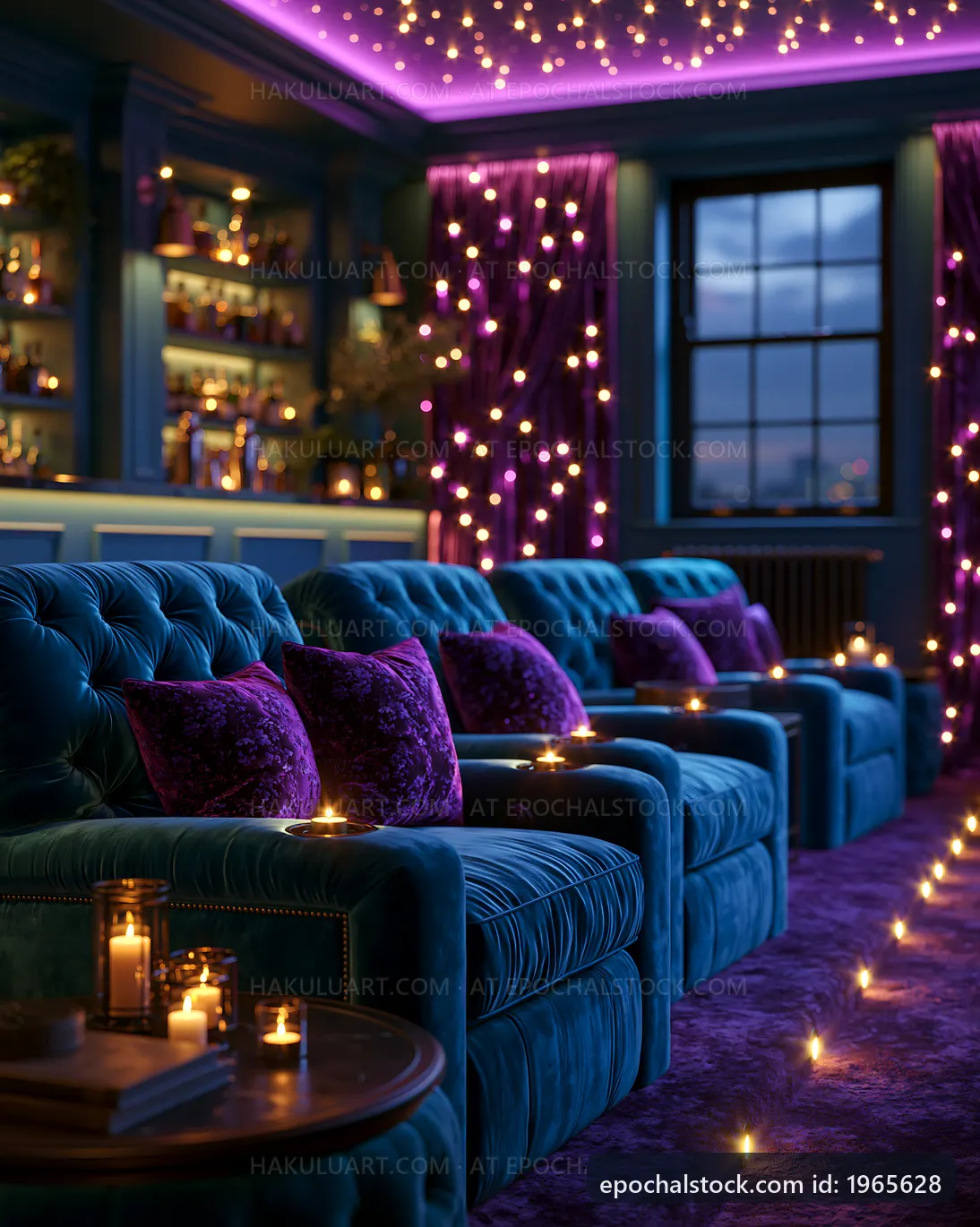 Cozy lounge with purple lighting and comfortable seating