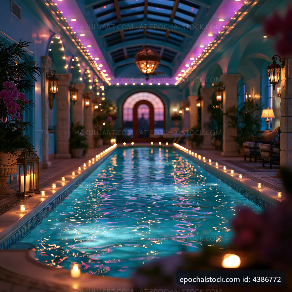Indoor swimming pool with candles and lights at night