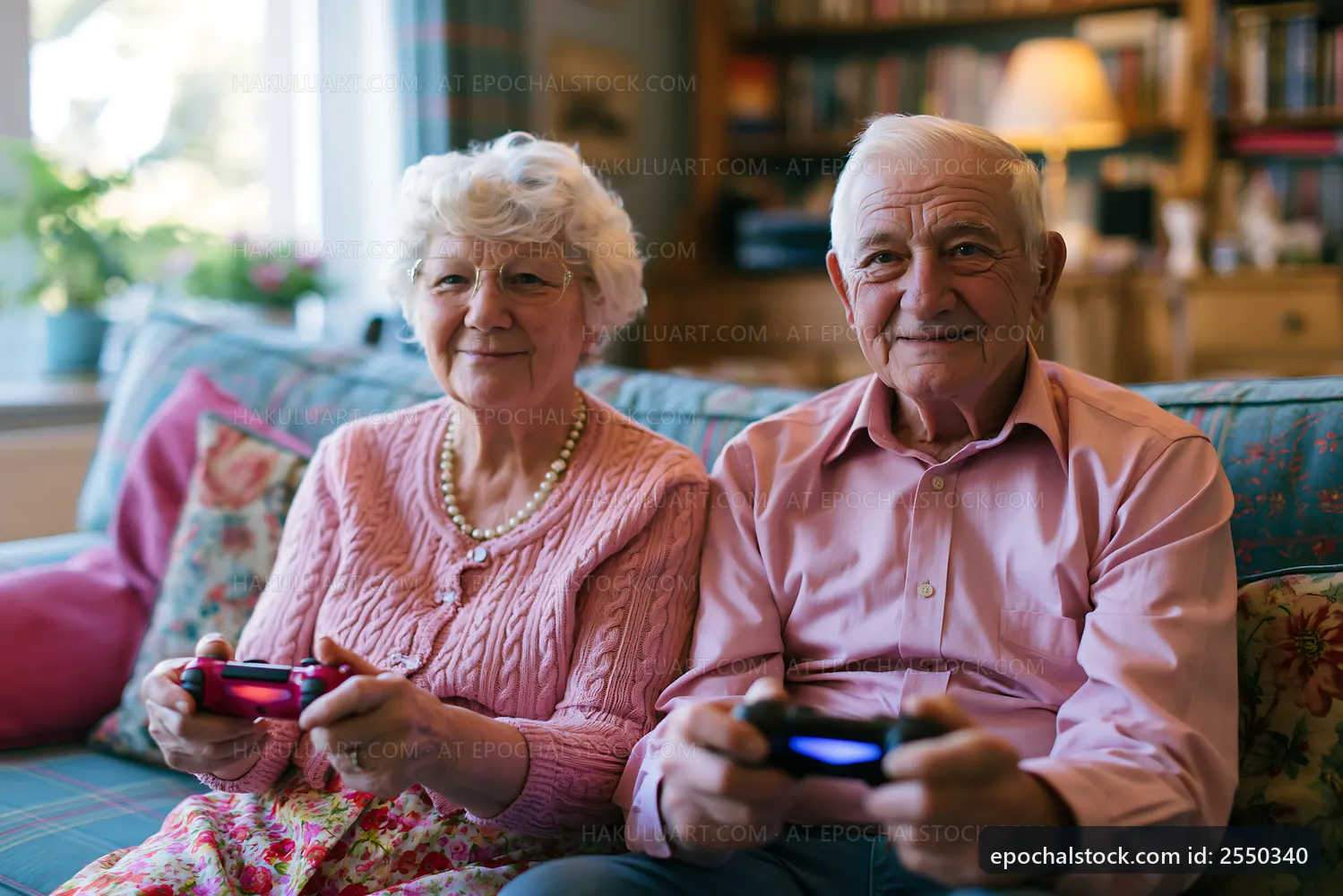Elderly couple enjoys gaming together in cozy living room