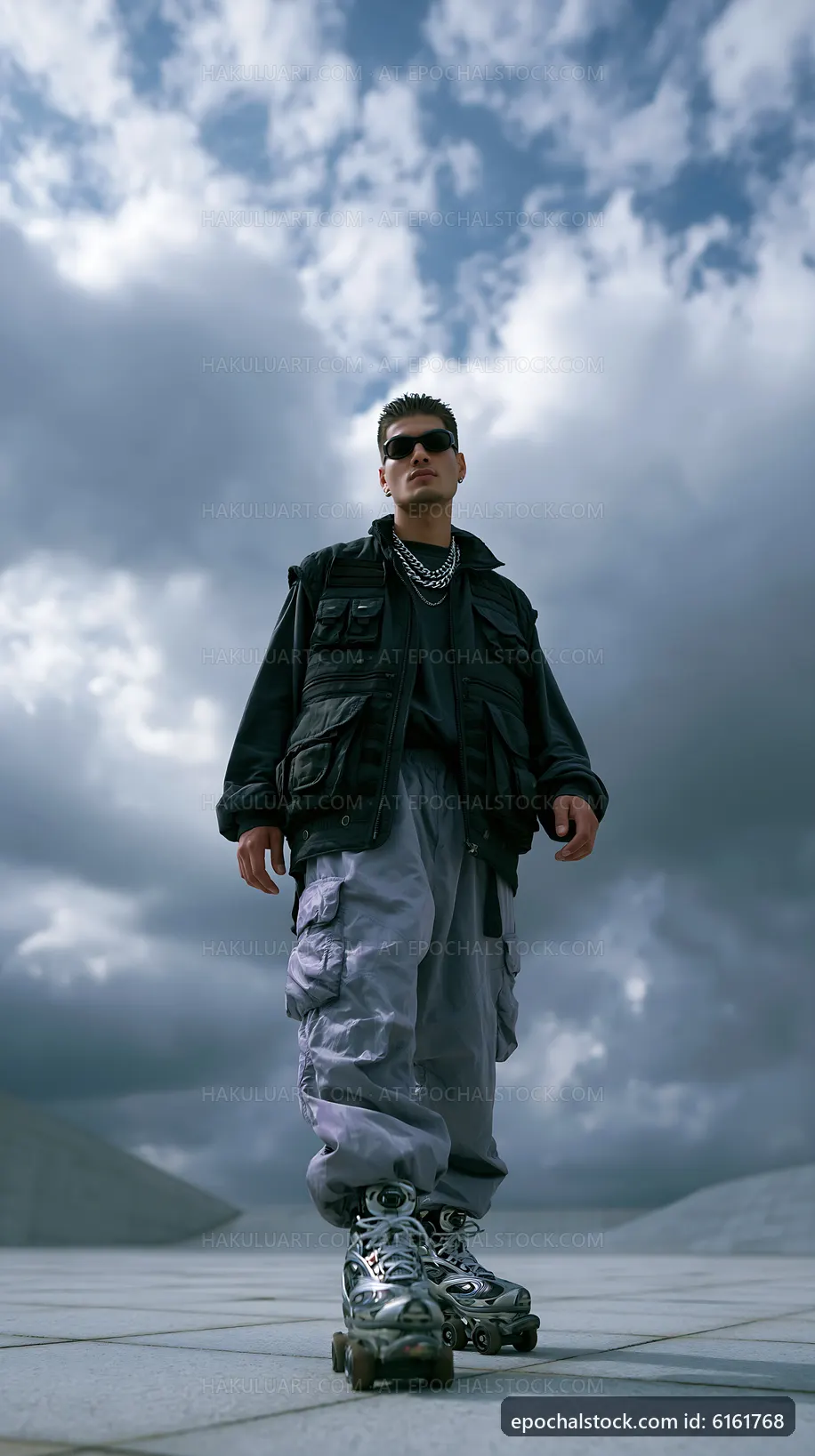 Person skating on rollerblades in urban setting under cloudy sky