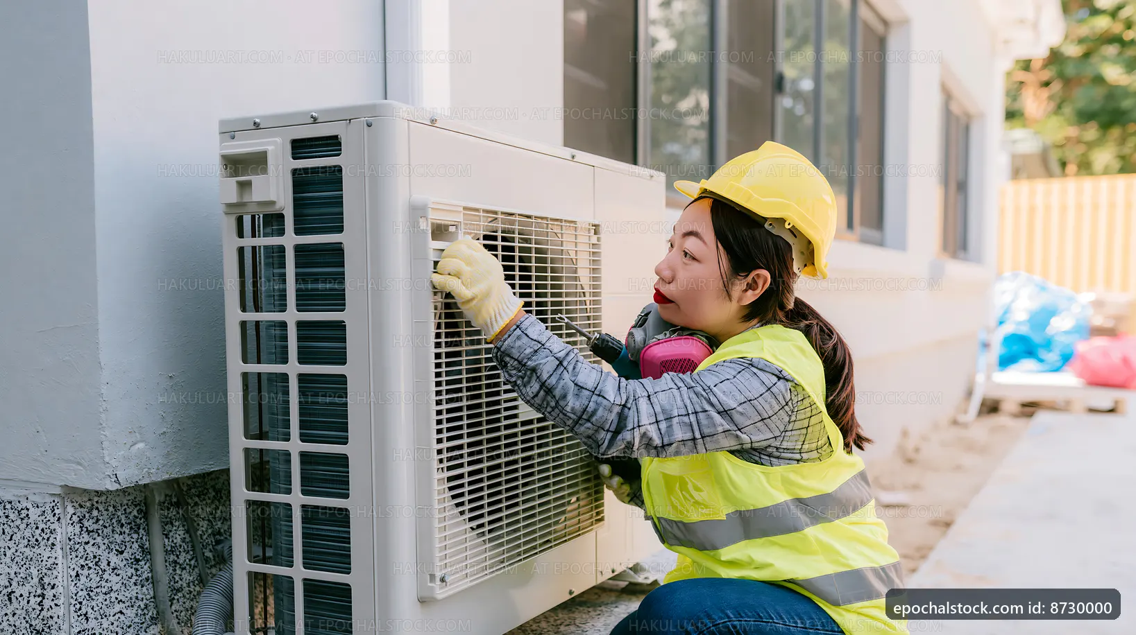 Woman working on air conditioning unit outside building