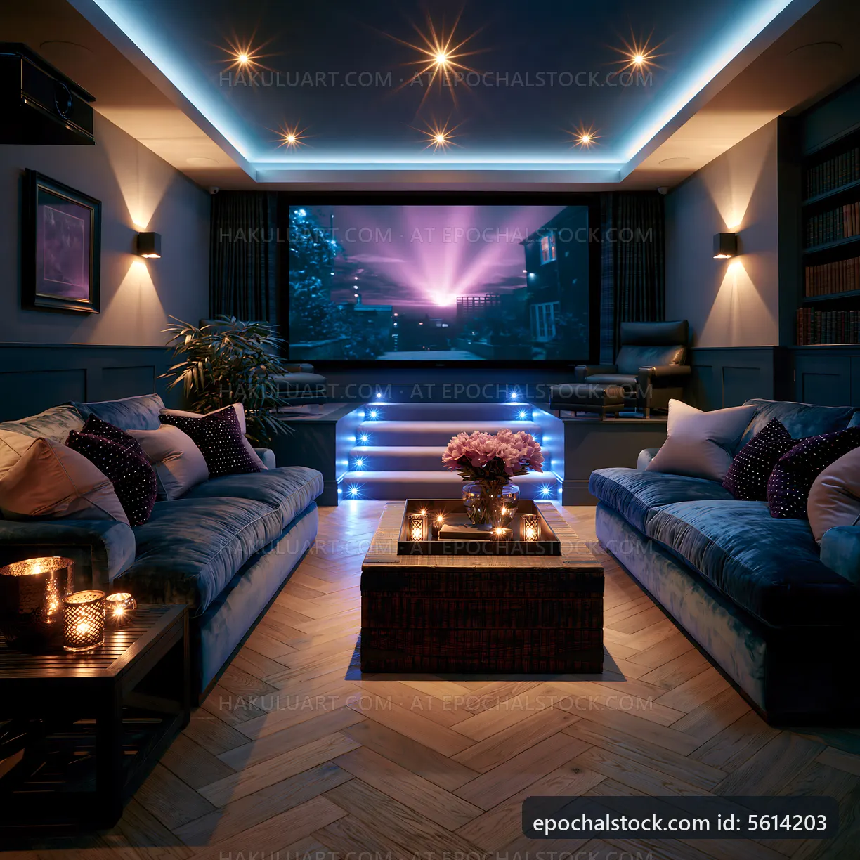 Modern living room with home theater setup and soft lighting