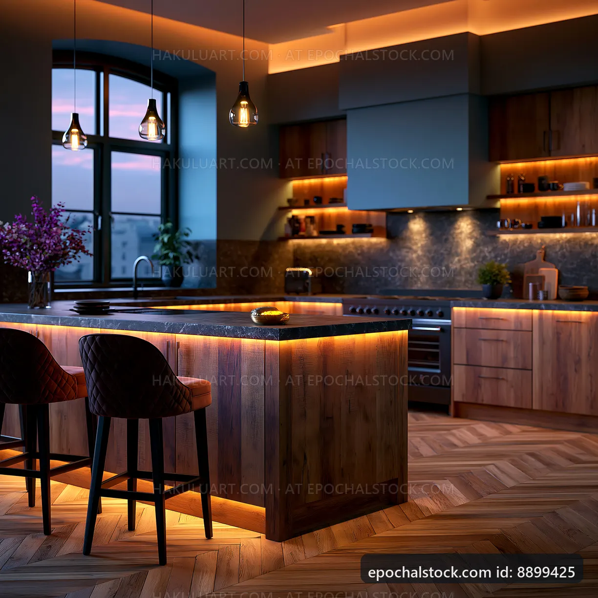 Modern kitchen with warm lighting and a view at sunset