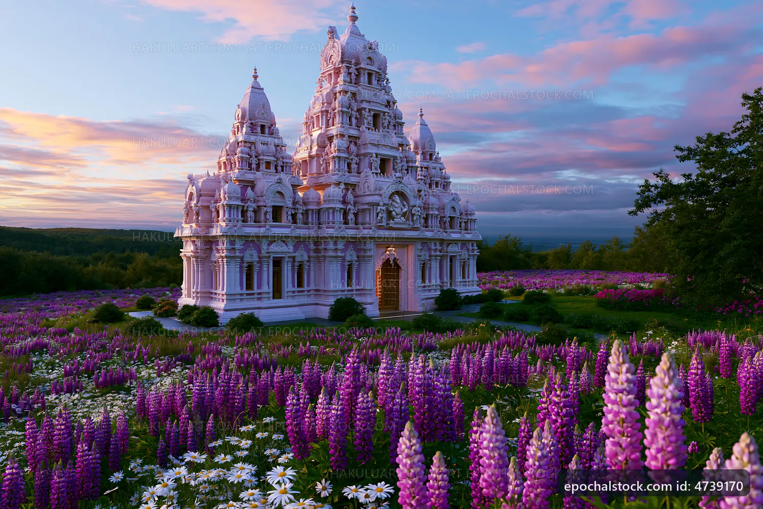 Beautiful temple surrounded by blooming flowers at sunset
