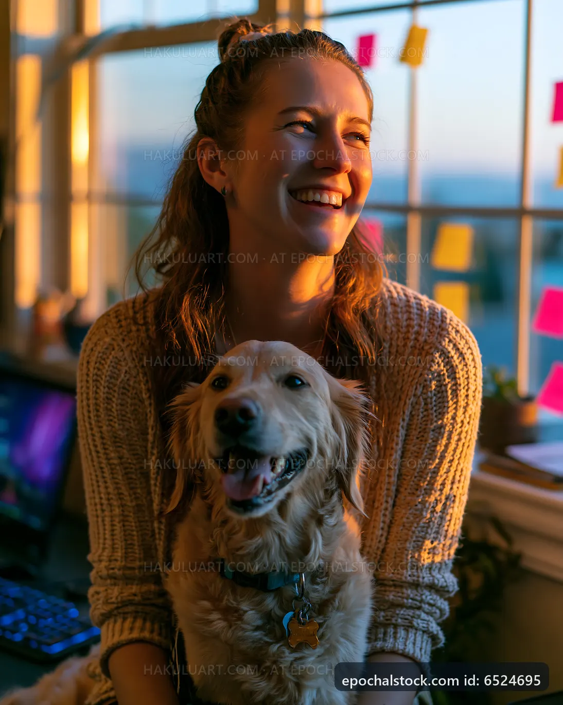 Woman smiling with golden retriever dog at sunset