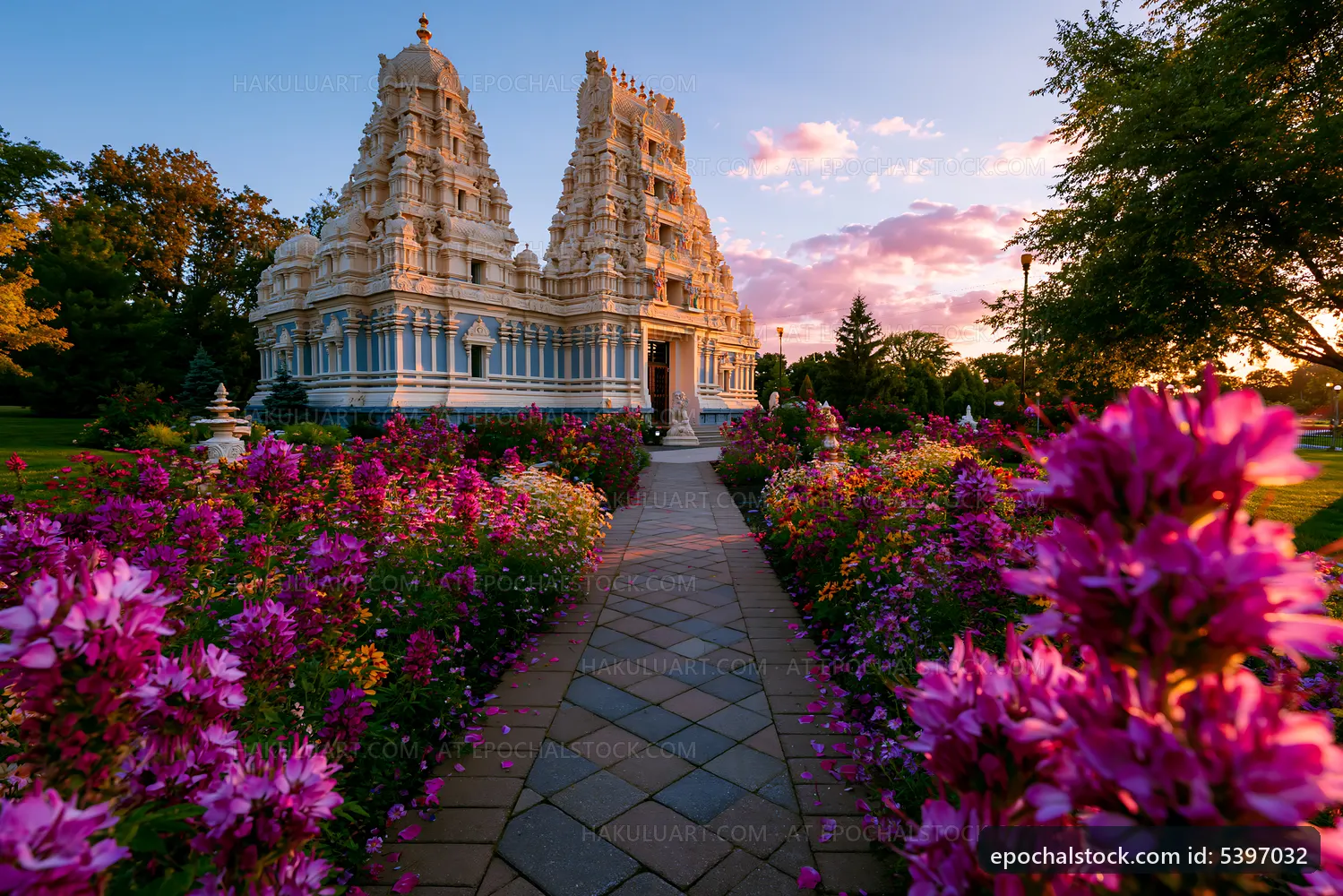 Colorful flowers in front of a temple at sunset