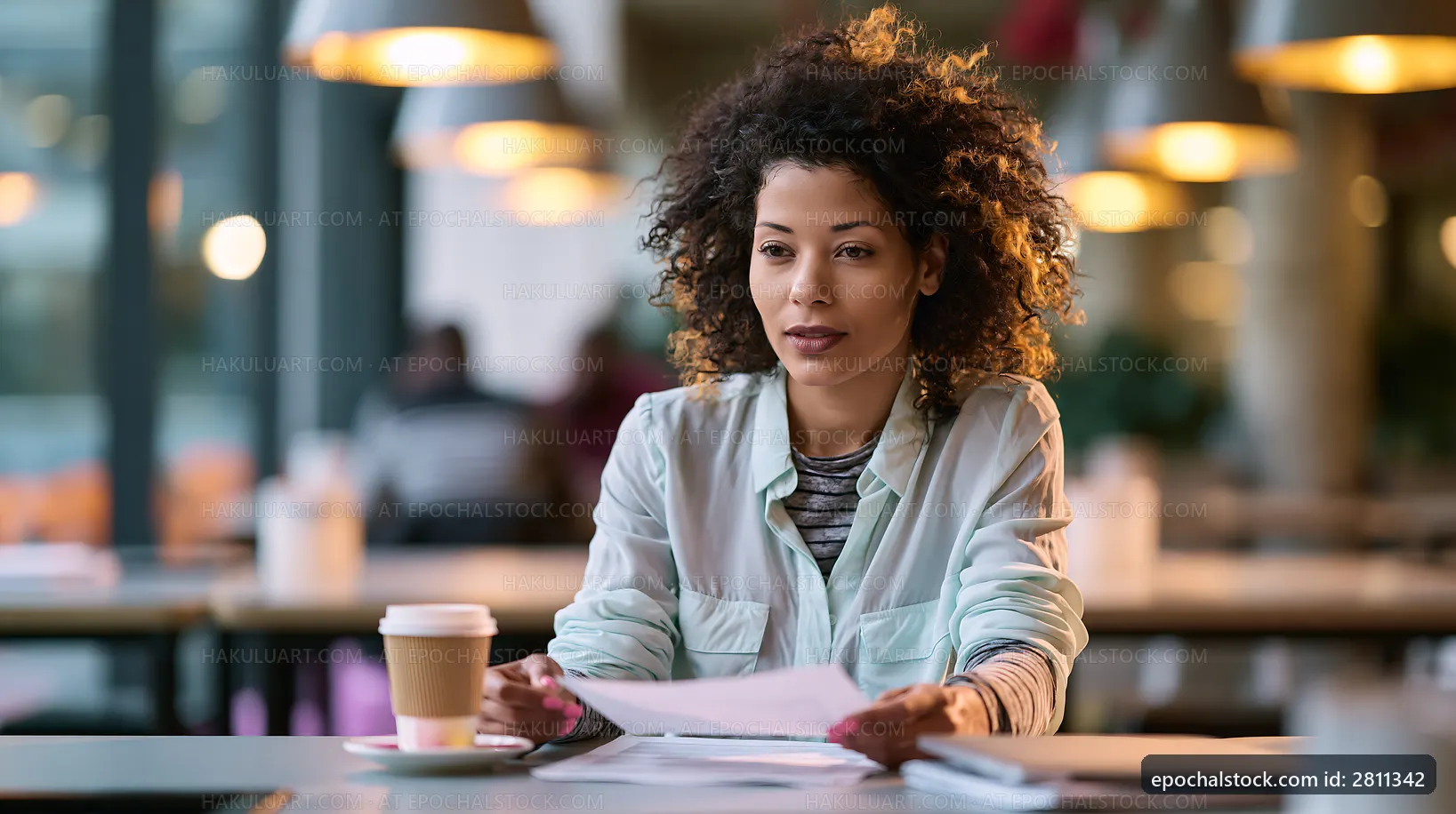 Woman reading papers in a cafe during daylight hours