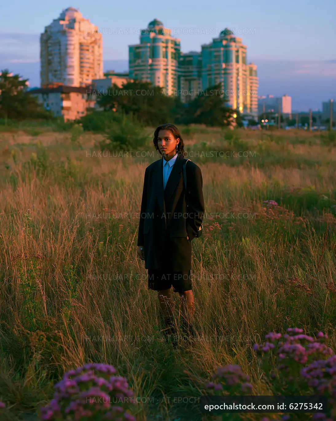 Model stands in a field at sunset near urban buildings