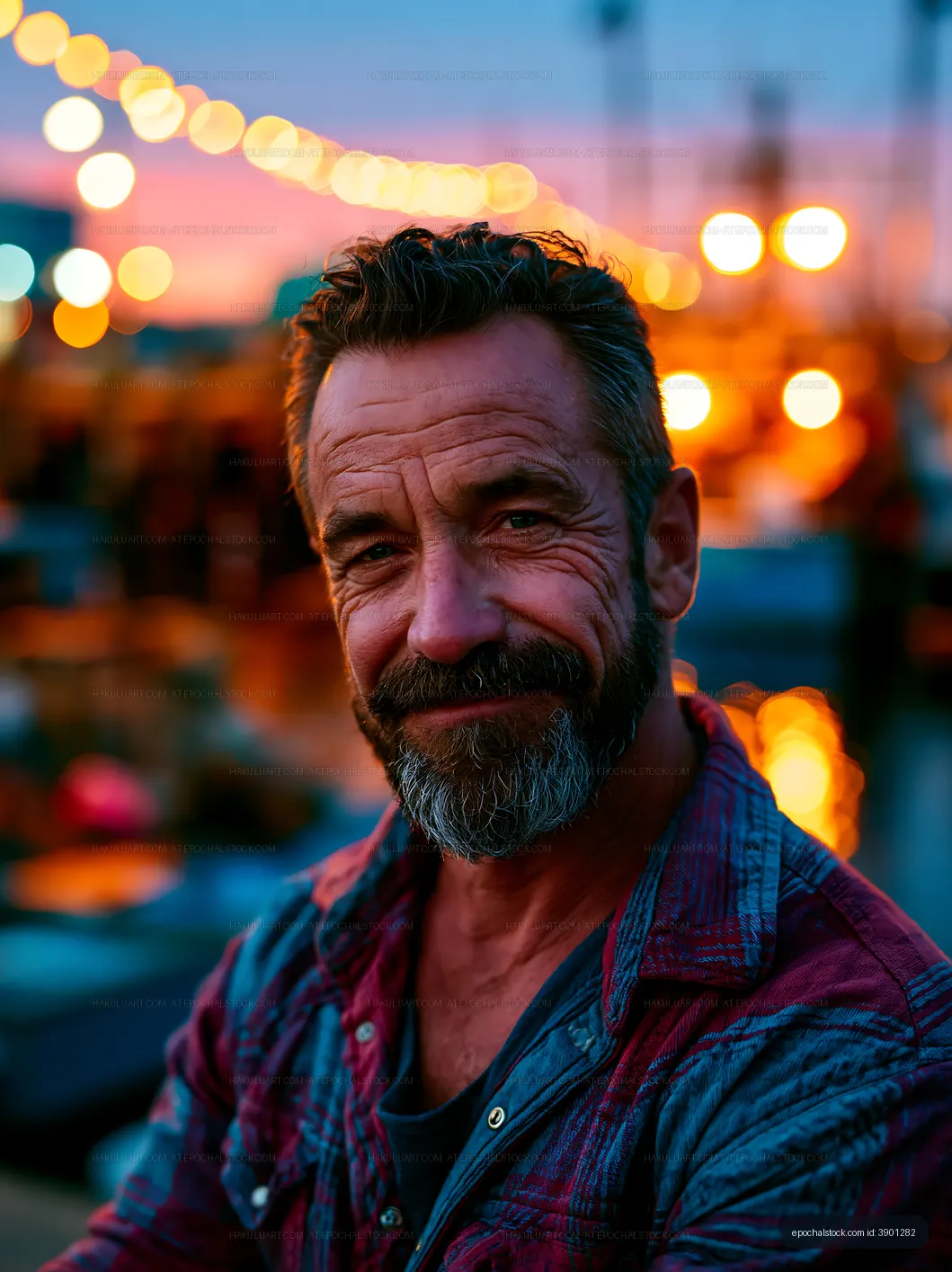 Man with beard smiling at outdoor market during sunset