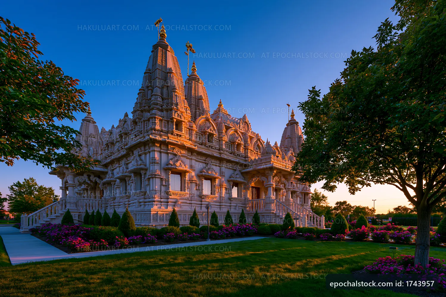 Sunset at a stone temple with detailed architecture and gardens