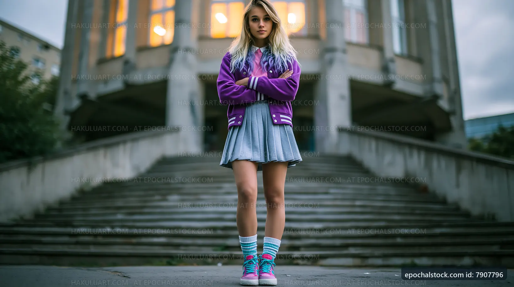 Girl standing on stairs in front of building wearing casual clothes