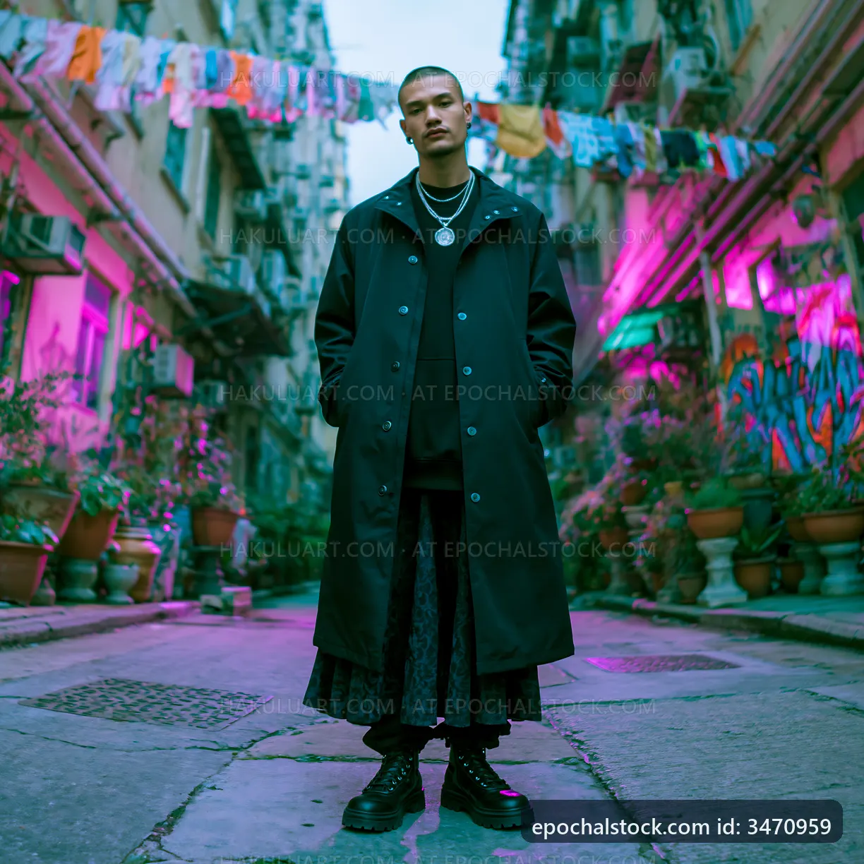 Young man standing in urban alley with colorful background