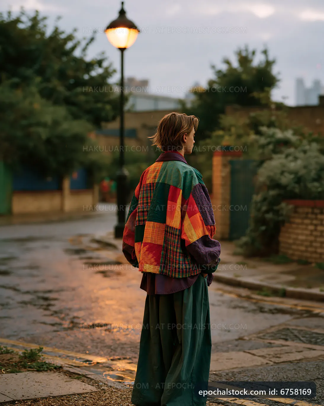 Person standing on a street wearing a colorful jacket at dusk