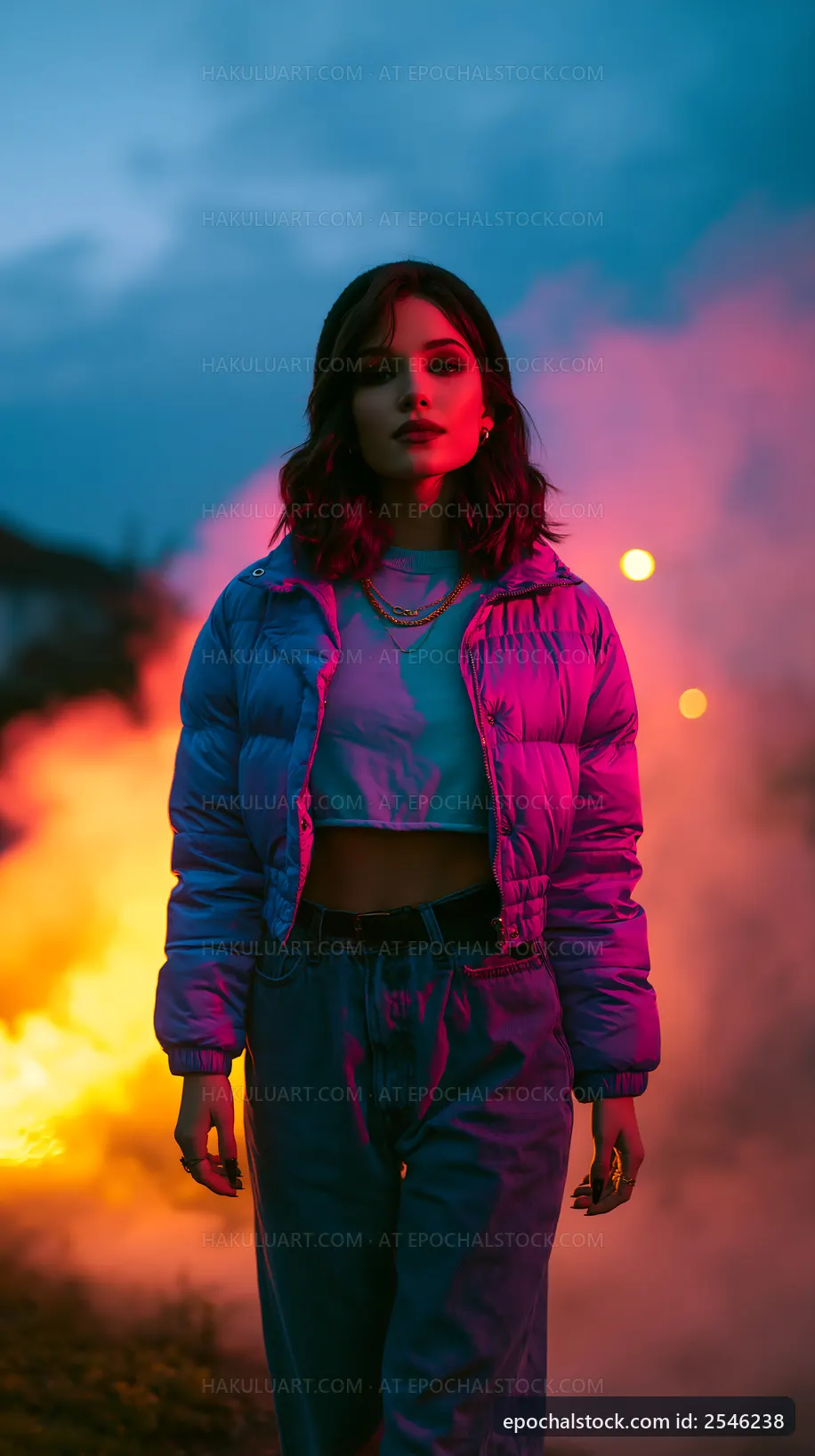 Woman walking through colored smoke at night