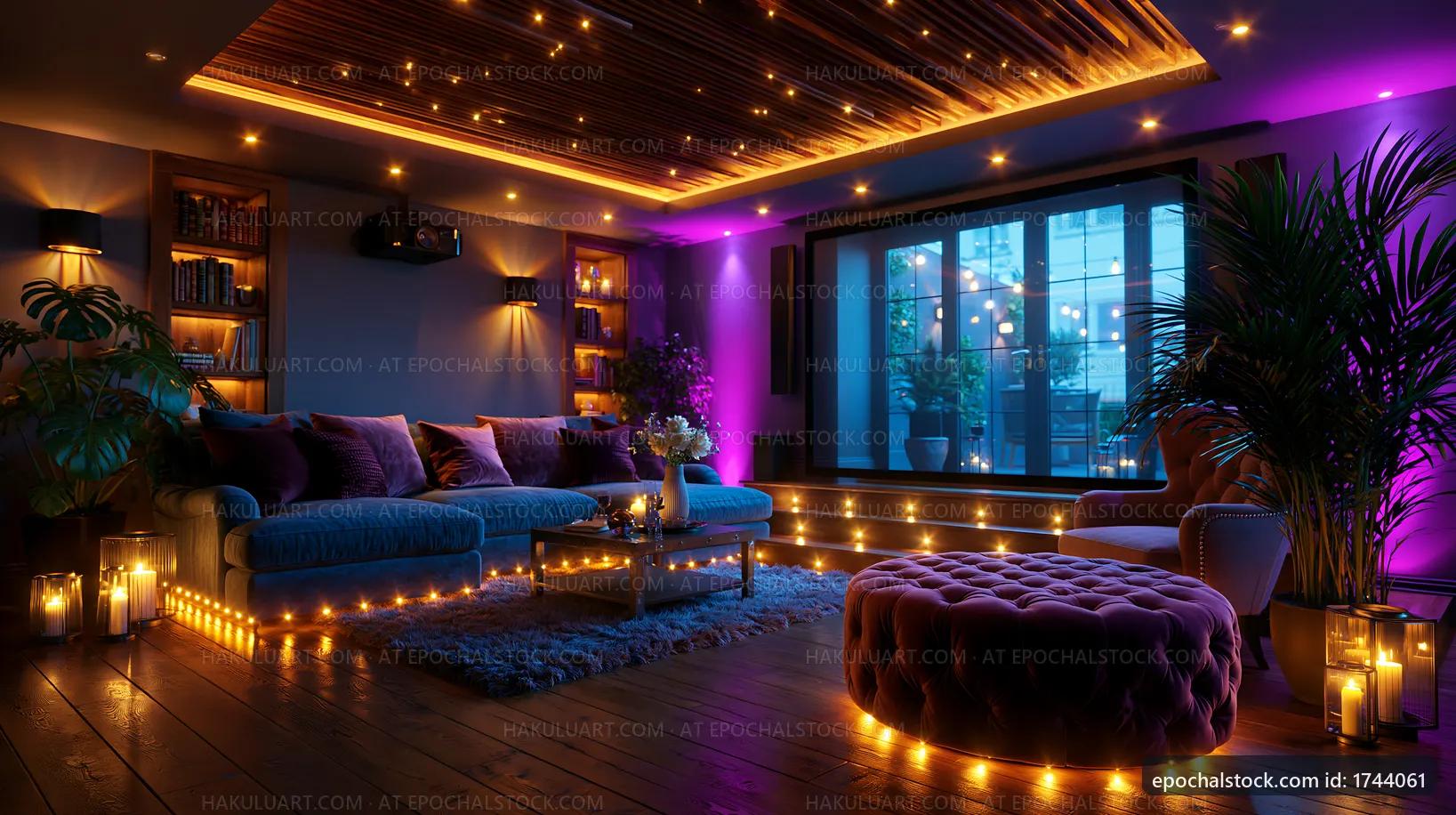Cozy living room with decorative lights and plants at night