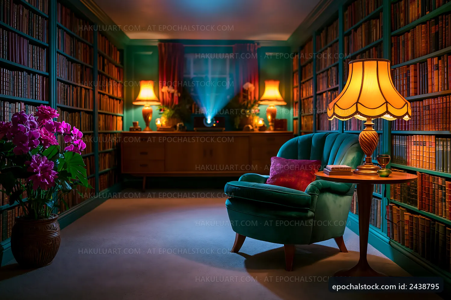 Cozy reading space with bookshelves and vintage lighting
