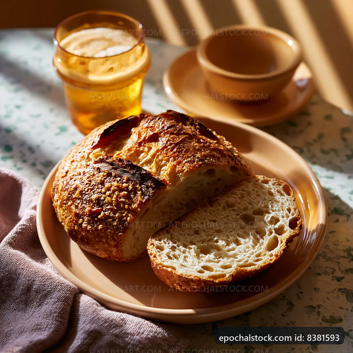 Freshly baked bread on a plate with drinks on a table