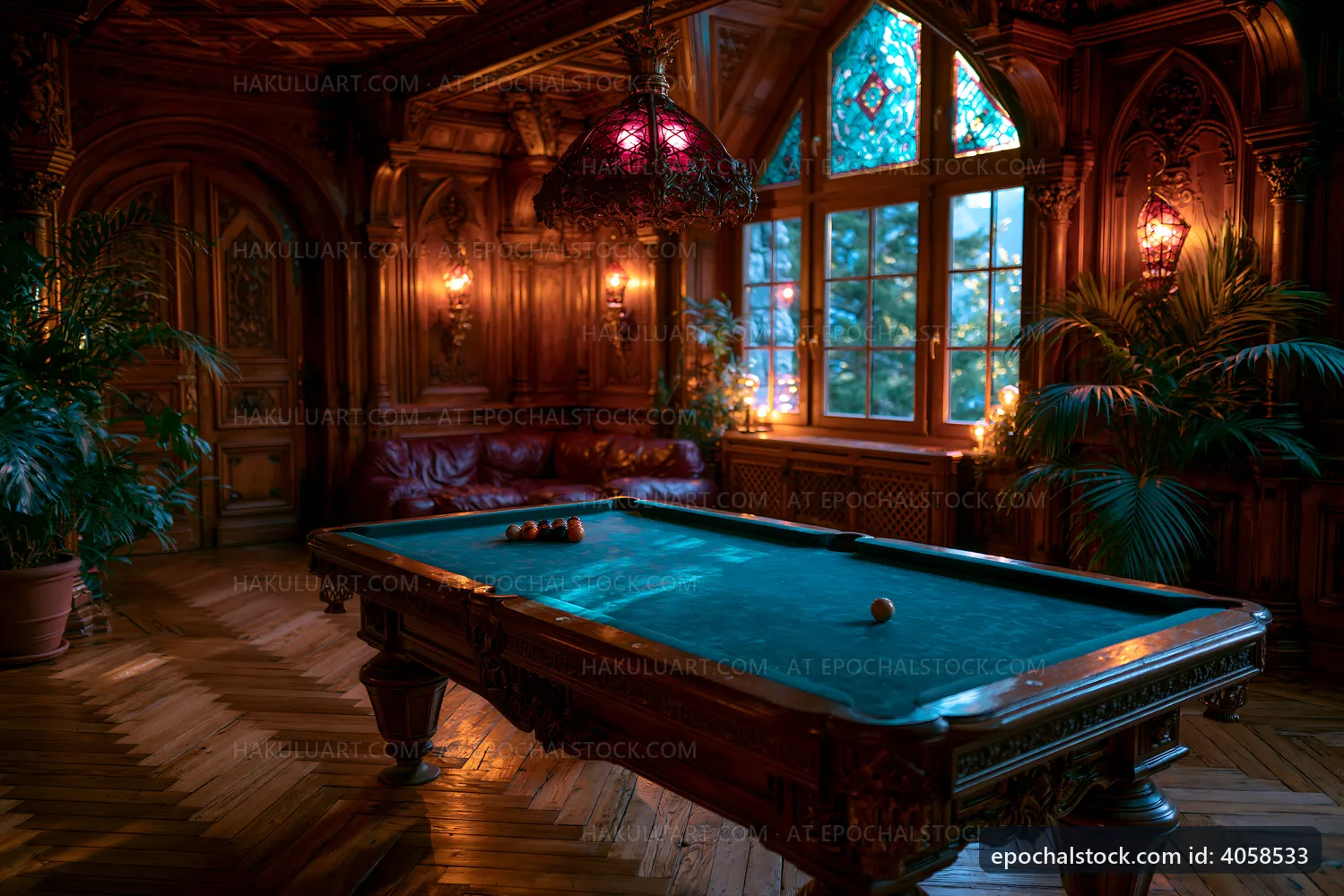 Pool table in a vintage room with large windows and warm light