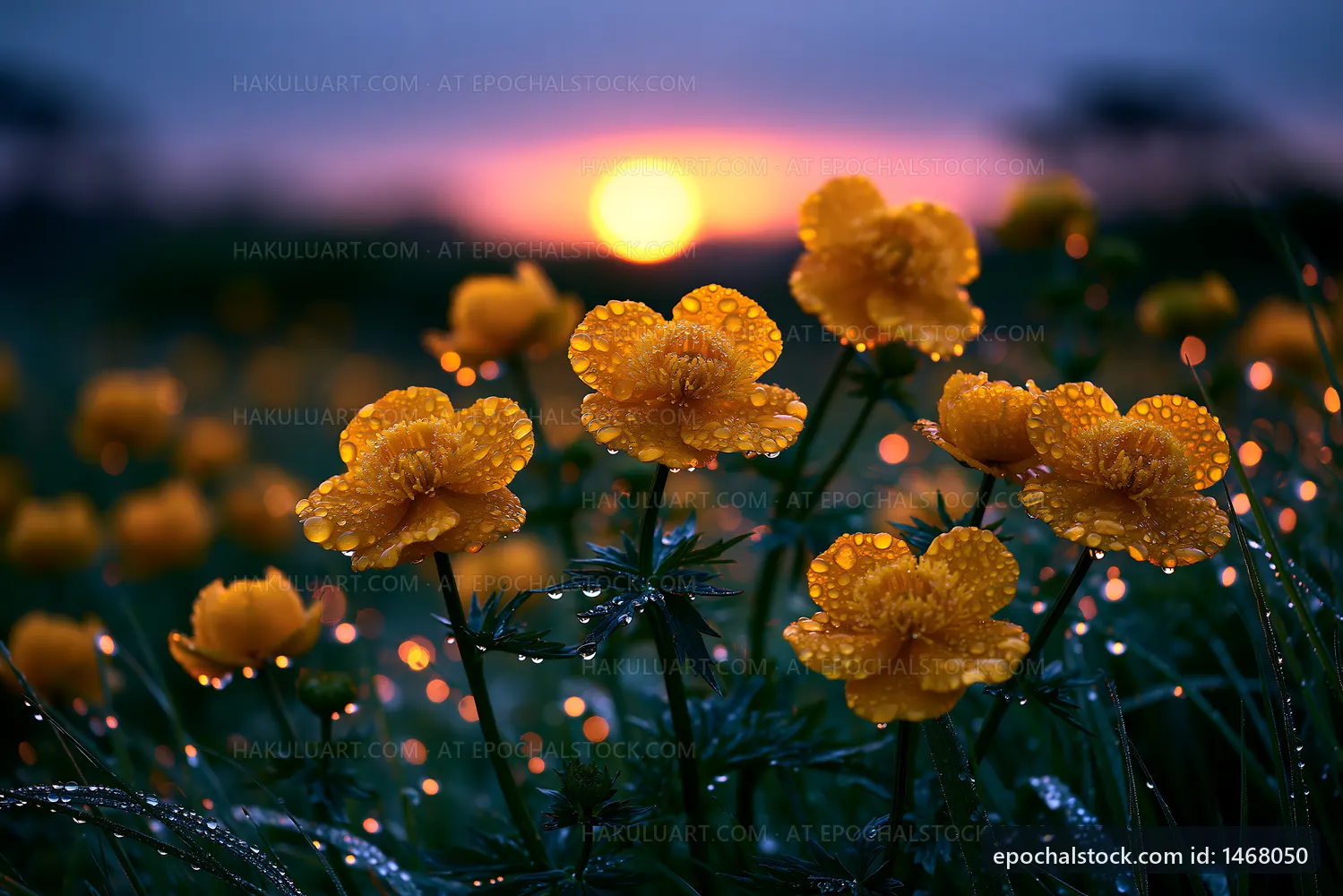 Sunset over yellow flowers with water droplets in a field