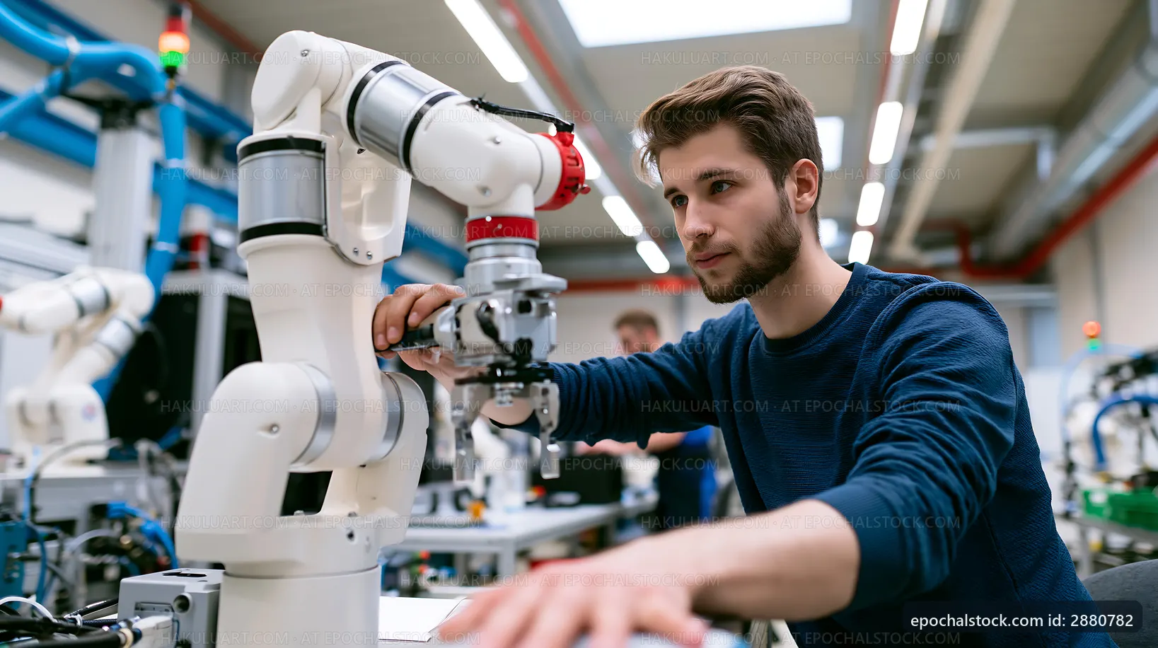 Young man working with robotic arm in modern factory setting