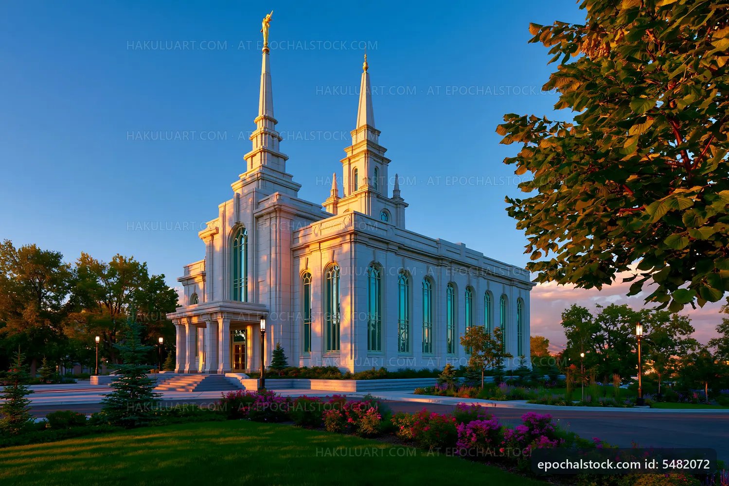 Temple building with tall spires against blue sky