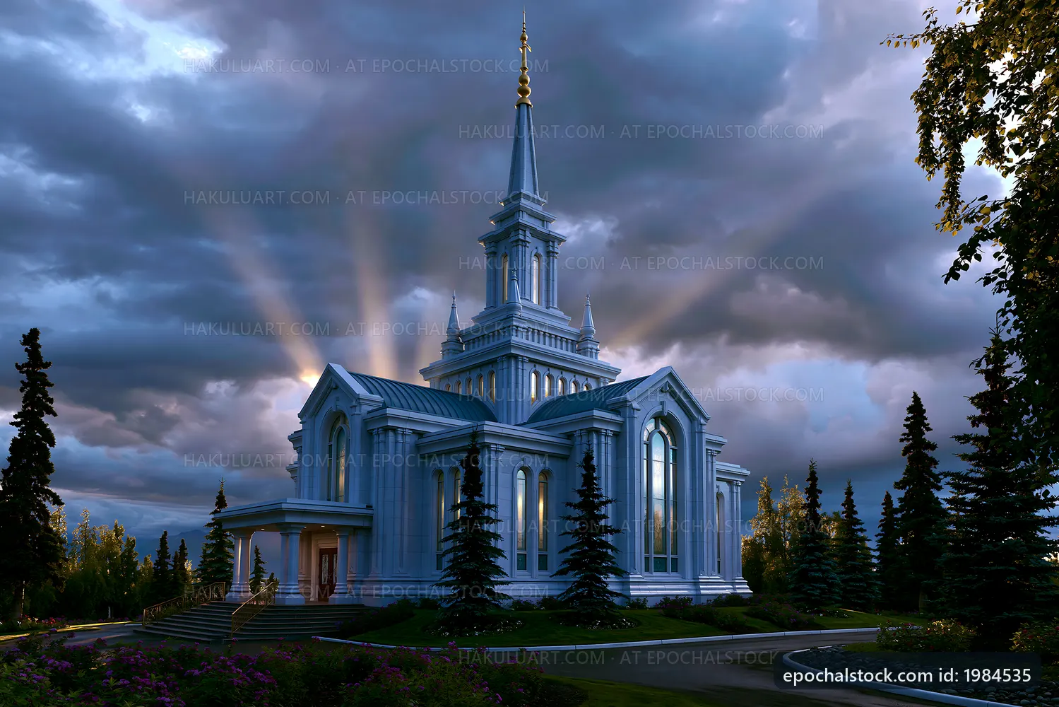 Beautiful church with tall spire under dramatic sky at sunset