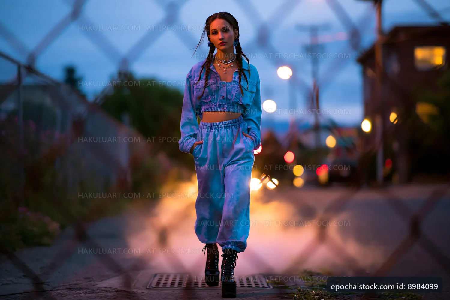 Woman in blue outfit walking through urban setting at night